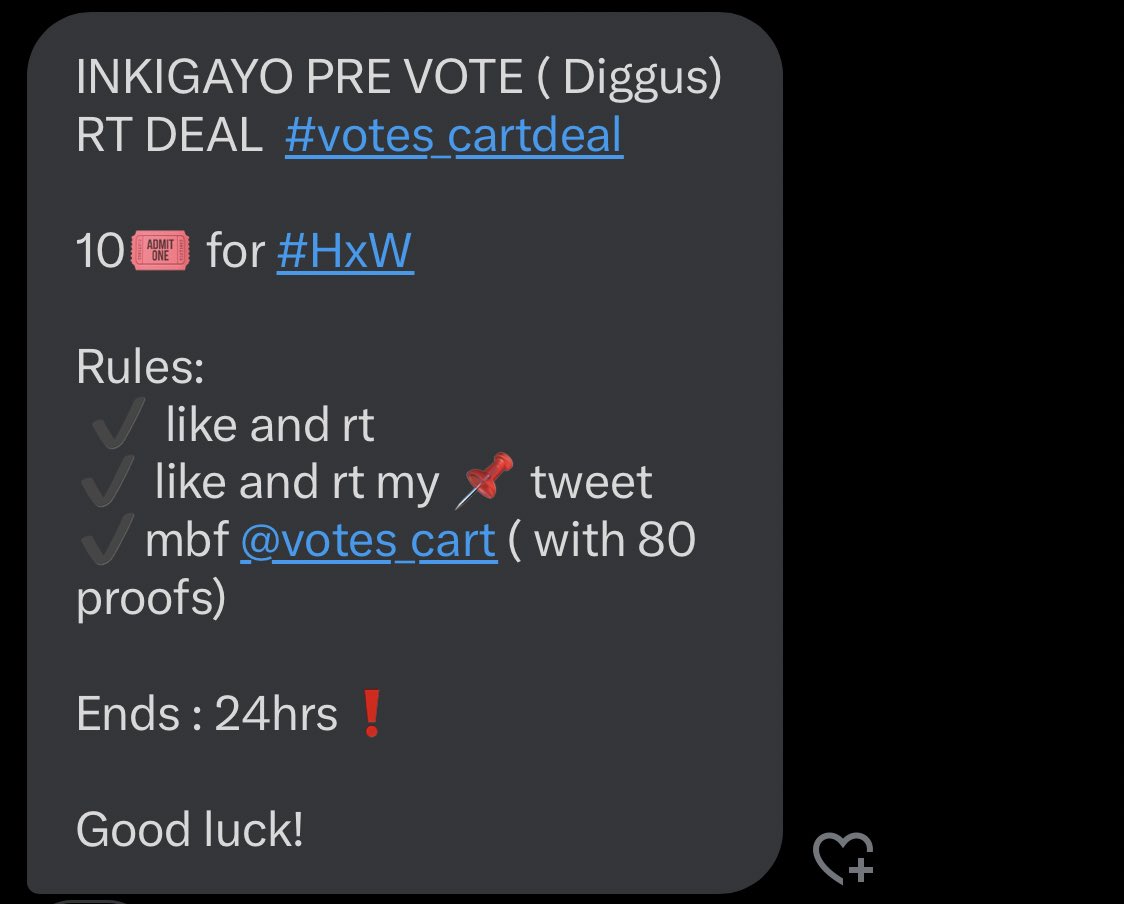 sofiahpiya_pey's tweet image. INKIGAYO PRE VOTE ( Diggus) RT DEAL  #votes_cartdeal 

10🎟️ for #HxW  

Rules:
 ✔️ like and rt
✔️ like and rt my 📌 tweet
✔️mbf @votes_cart ( with 80 proofs) 

Ends : 24hrs❗️

Good luck!
