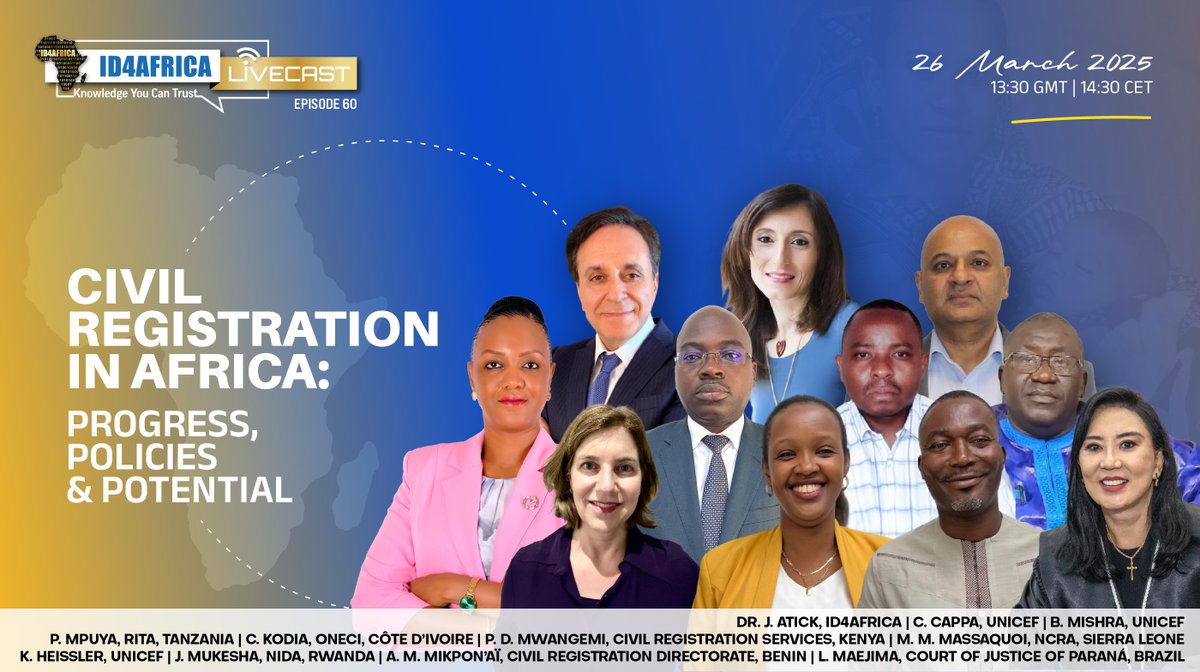Join us on March 26 for an exciting LiveCast episode on Civil Registration in Africa.
11 high-level guest experts and practitioners will share latest updates, insights and innovations.

See who's speaking &amp; Register: id4africa.com/livecast-ep60-…

🗓️March 26 @ 13:30GMT