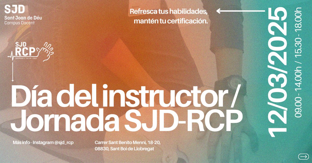 SJD RCP (@sjd_rcp) on Twitter photo 📢 Hoy celebramos el Día del Instructor y la Jornada SJD-RCP en <a href="/CampusDocentSJD/">Campus Docent Sant Joan de Déu</a>! 🎉
Un encuentro clave para la formación e innovación en soporte vital, con sesiones prácticas y mesas redondas con expertos en RCP. 🚑💡 📢 Hoy celebramos el Día del Instructor y la Jornada SJD-RCP en <a href="/CampusDocentSJD/">Campus Docent Sant Joan de Déu</a>! 🎉
Un encuentro clave para la formación e innovación en soporte vital, con sesiones prácticas y mesas redondas con expertos en RCP. 🚑💡