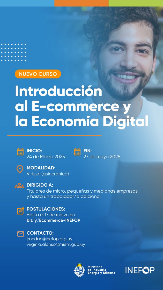 ‼️ ¡Atención, #mipymes! ¡Extendimos el plazo!

📅 Hasta el 17 de marzo se reciben postulaciones para participar de una nueva edición del curso introductorio de comercio electrónico y economía digital. Organizamos el MIEM, a través de Dinatel, e <a href="/INEFOPoficial/">INEFOP</a>.

Conocé los