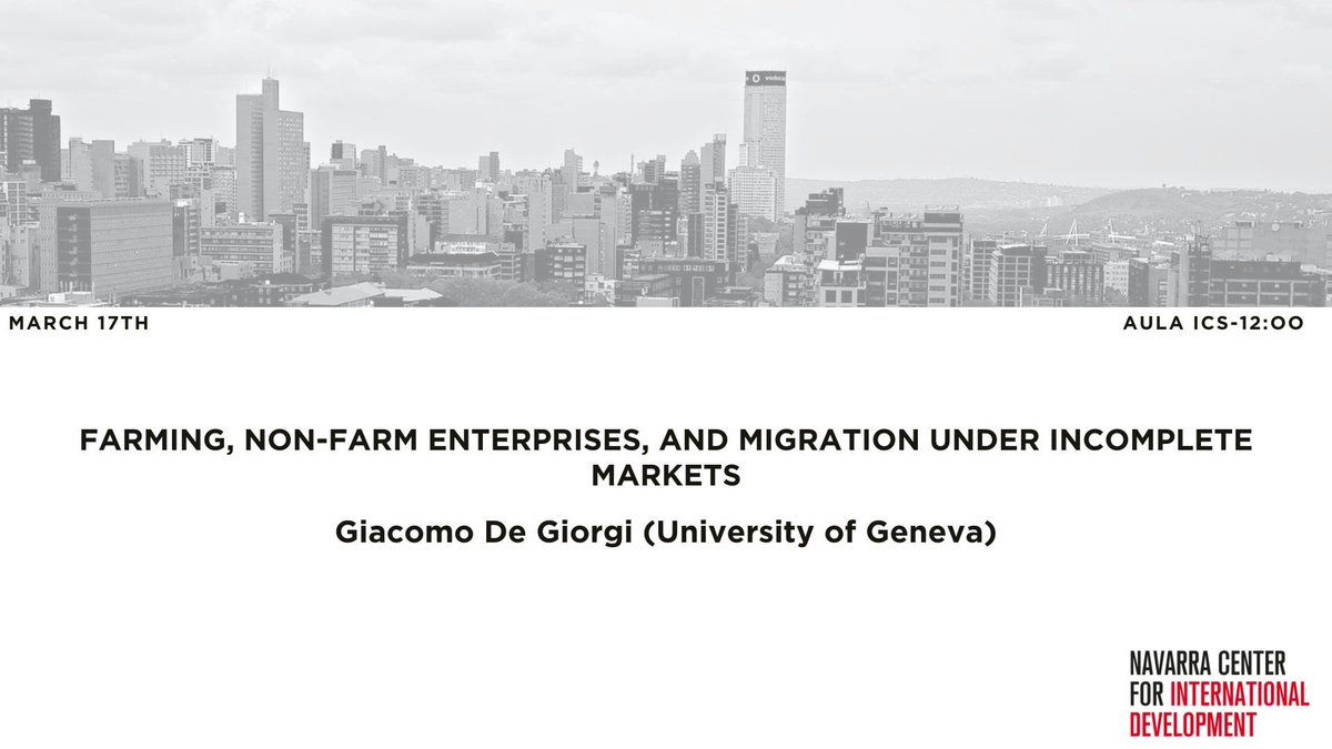 NCID (@ncid_unav) on Twitter photo 🗣️New seminar!
Giacomo De Giorgi (<a href="/UNIGEnews/">Université de Genève</a>) will present his paper about “Farming, Non-Farm Enterprises, and Migration under Incomplete Markets”
📍Aula ICS
🕛 12:00
🗓️ Monday 17 March 🗣️New seminar!
Giacomo De Giorgi (<a href="/UNIGEnews/">Université de Genève</a>) will present his paper about “Farming, Non-Farm Enterprises, and Migration under Incomplete Markets”
📍Aula ICS
🕛 12:00
🗓️ Monday 17 March