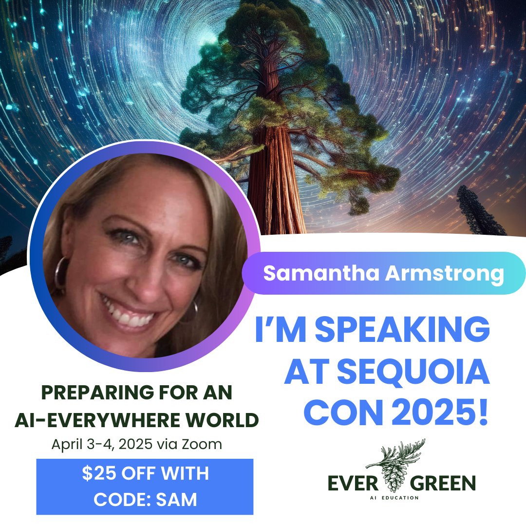 Samantha Armstrong (@samanthaarmmsd) on Twitter photo Speaking at #SequoiaCon next month on "Leveraging AI for SEL"! I'll cover:
• SEL foundational models in AI
• GenAI for SEL check-ins & mindfulness
• Balancing integration with literacy & ethics
Use YOURCODE for $25 off: bit.ly/sequoiacon <a href="/evergreen_ed_ai/">Evergreen AI</a> Speaking at #SequoiaCon next month on "Leveraging AI for SEL"! I'll cover:
• SEL foundational models in AI
• GenAI for SEL check-ins & mindfulness
• Balancing integration with literacy & ethics
Use YOURCODE for $25 off: bit.ly/sequoiacon <a href="/evergreen_ed_ai/">Evergreen AI</a>