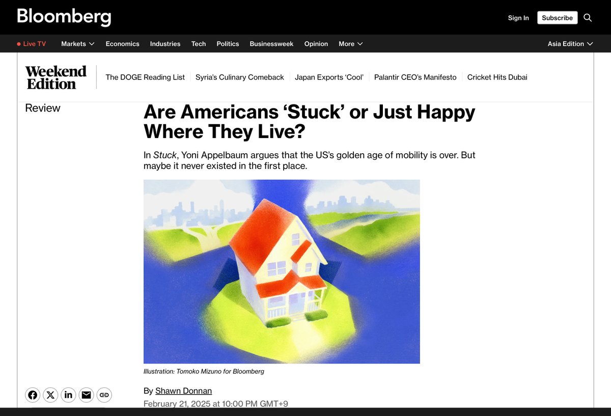 Bloomberg Weekend Edition の記事にイラストを描きました。アメリカ国内で機会を求めて移動する人々の過去と現在の推移について考察した記事です。アートディレクションはMadeline Montoyaさんです。ありがとうございました！
bloomberg.com/news/articles/…