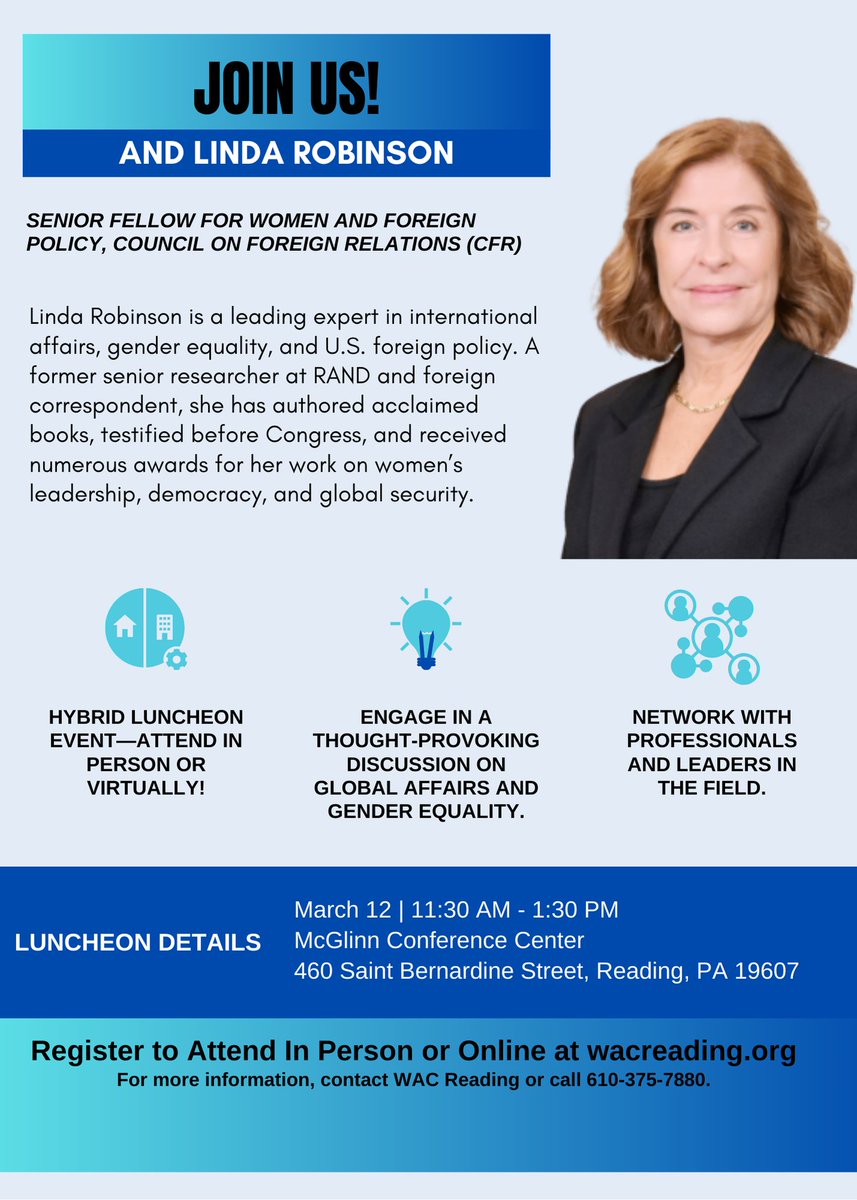 WACReading's tweet image. Join us TODAY from 11:30 AM - 1:30 PM at the McGlinn Conference Center (or virtually) for this empowering luncheon event. Don’t miss the chance to hear from a renowned expert on women’s leadership and global affairs! 💡💬
📍 In-person &amp;amp; virtual options available
🔗 Register now!