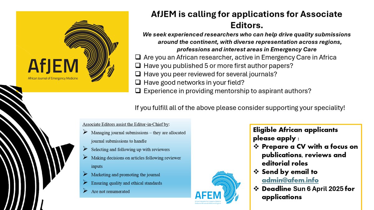 📢 AfJEM is recruiting Associate Editors!
Are you an African emergency care researcher with:
✅ 5+ first-author publications
✅ Peer review experience
✅ Strong networks &amp; mentoring skills
Join us in shaping EC research in Africa!
📩 Apply by 6 April 2025: admin@afem.info
#AfJEM