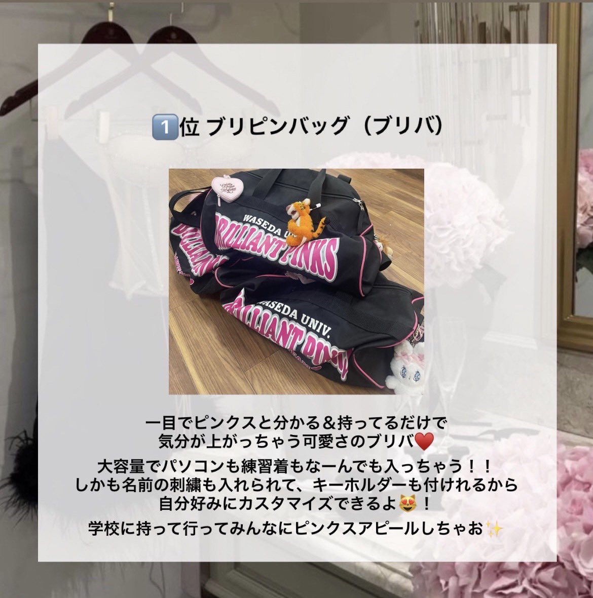 BrilliantPinks's tweet photo. 今日はブリピンのグッズについて紹介します✨どれも本当に可愛いブリピングッズですが、ピンクスたちに特にどのグッズが好きかを聞いてみました💬

結果は
1️⃣位 ブリバ   2️⃣位 ブリT  3️⃣位  ブリスウェ下
になりました❤️‍🩹

可愛いグッズを身につけて楽しいブリピンライフを一緒に送りませんか～😽❕ https://t.co/sJV1hnk6qY