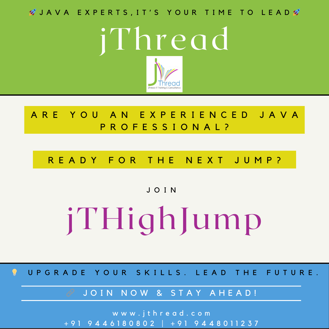jthread_IT's tweet image. Java Experts (5+ Years), It’s Your Time to Lead!

.
#jTHighJump #JavaExperts #JavaFlightRecorder #JavaMemoryManagement #VirtualThreads #SpringBoot #Microservices #Docker #Kubernetes #Kafka #RabbitMQ #TechLeadership #CareerBoost #LeadTheFuture