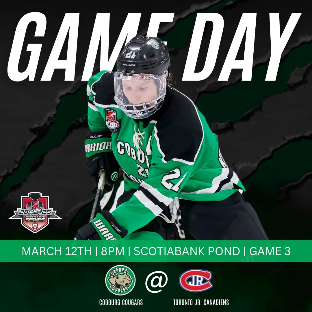 🚨IT’S PLAYOFF GAME DAY🚨

We’re on the road tonight headed into the city for Game 3 against the Toronto Jr. Canadiens at 8pm at the Scotiabank Pond. Let’s pack the stands and bring the noise!!

GO COUGARS!!!

#DotheROAR #CougarCounty 
📸 OJHL Images