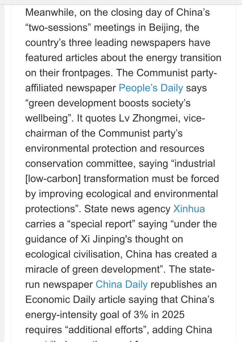 Here you cannot get the press to even mention the words "climate change."

Meanwhile, in China the 3 main papers recently featured articles about the energy transition on their frontpages. (Ie, the state paper People’s Daily: "green development boosts society’s wellbeing.") 👀