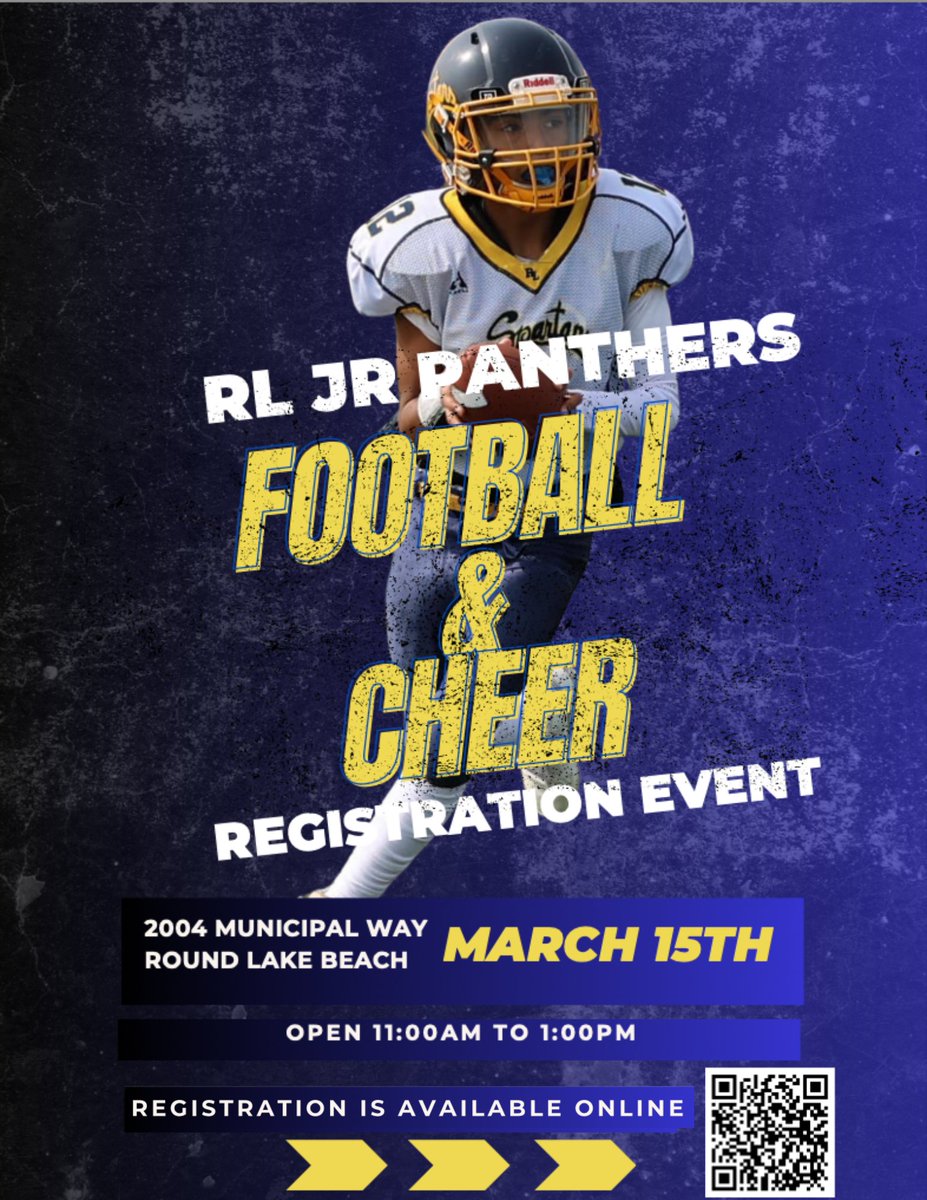 The Jr. Panthers will be hosting an in-person registration event this Saturday, March 15th from 11AM-1PM at the Sports Center in Round Lake Beach for Spring Flag Football for boys and girls in grades K-8. More information can also be found online at loom.ly/G0GyPXo.