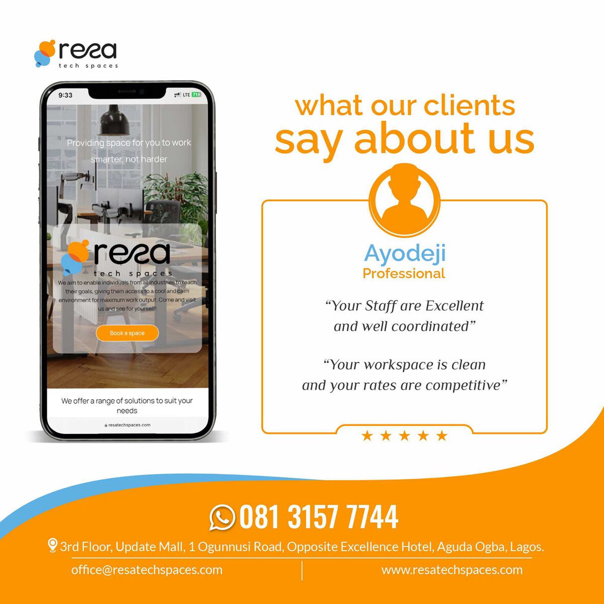 resa_techspaces's tweet image. Here’s what our members are saying:

Nothing makes us happier than hearing from our amazing clients! 🌟✨ 
From boosting productivity to making valuable connections, our co-working space is designed for YOU. 

Come experience it for yourself! 🚀 Book a tour today.