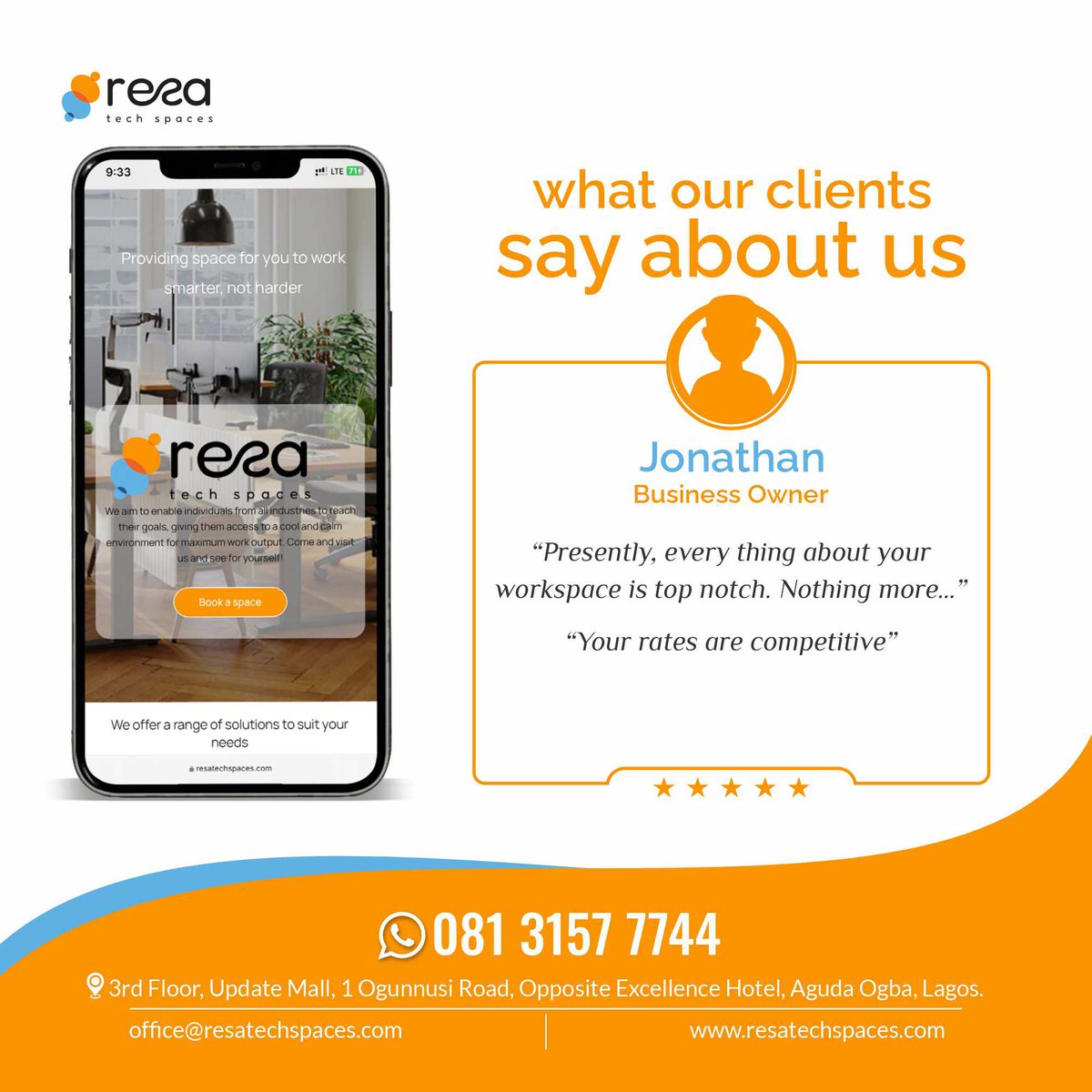 resa_techspaces's tweet image. Here’s what our members are saying:

Nothing makes us happier than hearing from our amazing clients! 🌟✨ 
From boosting productivity to making valuable connections, our co-working space is designed for YOU. 

Come experience it for yourself! 🚀 Book a tour today.