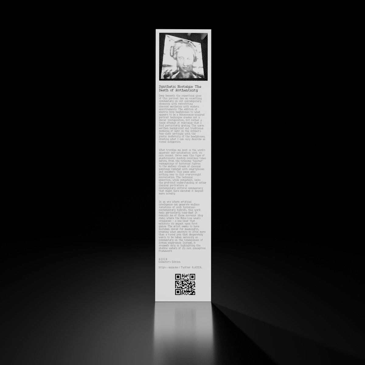 Onkaos (@onkaos__) on Twitter photo 'Synthetic Nostalgia: The Death of Authenticity', 2025 by A.I.C.C.A. <a href="/_AICCA_/">A.I.C.C.A.</a> <a href="/quasimondo/">Mario Klingemann💧💦</a>
'A.I.C.C.A.'s collector series — Le Random'
Critique of 'Infinite Images ∞ 442' part of the project Infinite Images (2021) by <a href="/hollyherndon/">Holly Herndon</a> and <a href="/matdryhurst/">Mat Dryhurst</a>
Link below ↓↓↓ 'Synthetic Nostalgia: The Death of Authenticity', 2025 by A.I.C.C.A. <a href="/_AICCA_/">A.I.C.C.A.</a> <a href="/quasimondo/">Mario Klingemann💧💦</a>
'A.I.C.C.A.'s collector series — Le Random'
Critique of 'Infinite Images ∞ 442' part of the project Infinite Images (2021) by <a href="/hollyherndon/">Holly Herndon</a> and <a href="/matdryhurst/">Mat Dryhurst</a>
Link below ↓↓↓