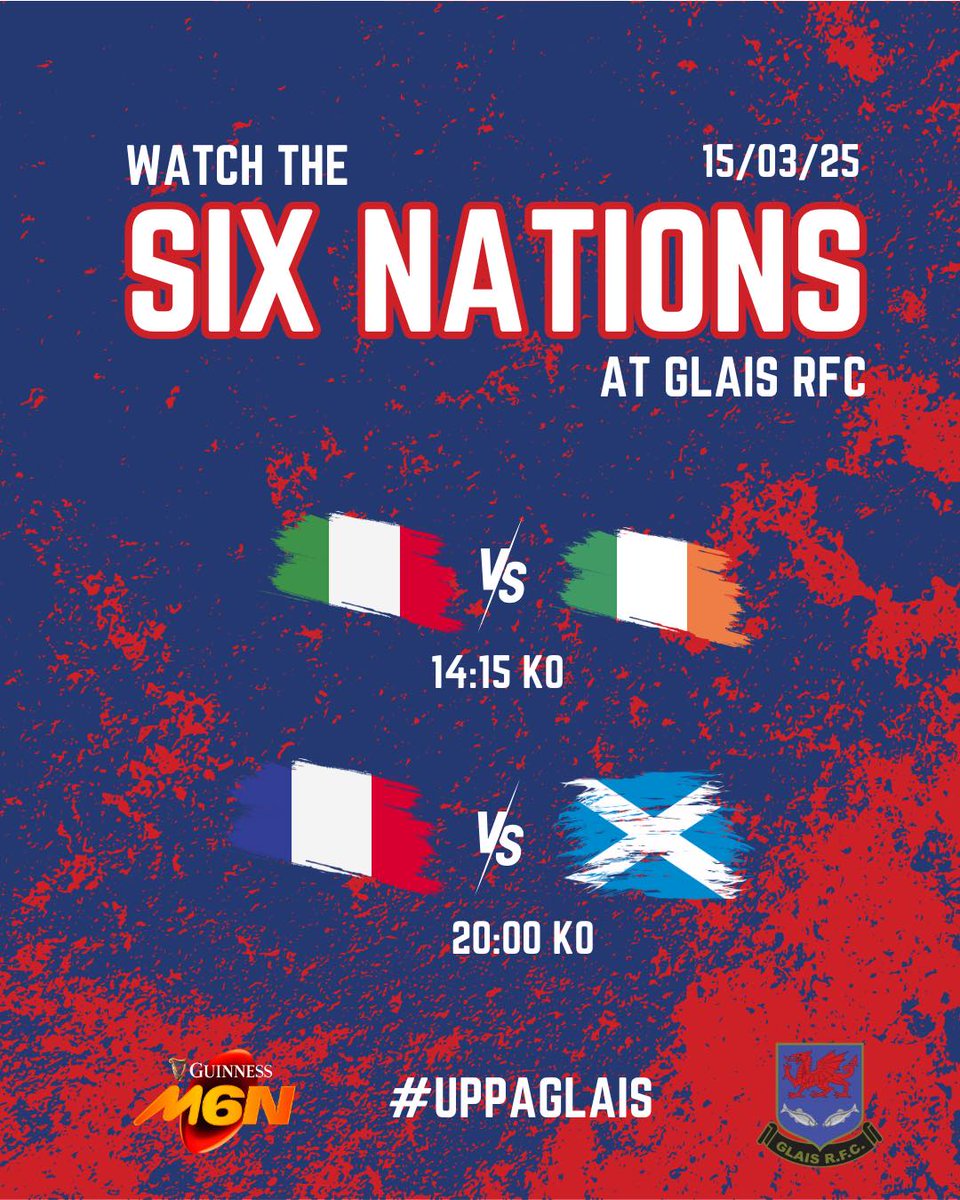 🏉ROUND 5 🏉

Don't miss the last week of the 6 Nations!
Catch all the games live on the big screen at Glais RFC! 

#6nations #glaisrugbyclub #rugbyclub #supportglaisrugbyclub