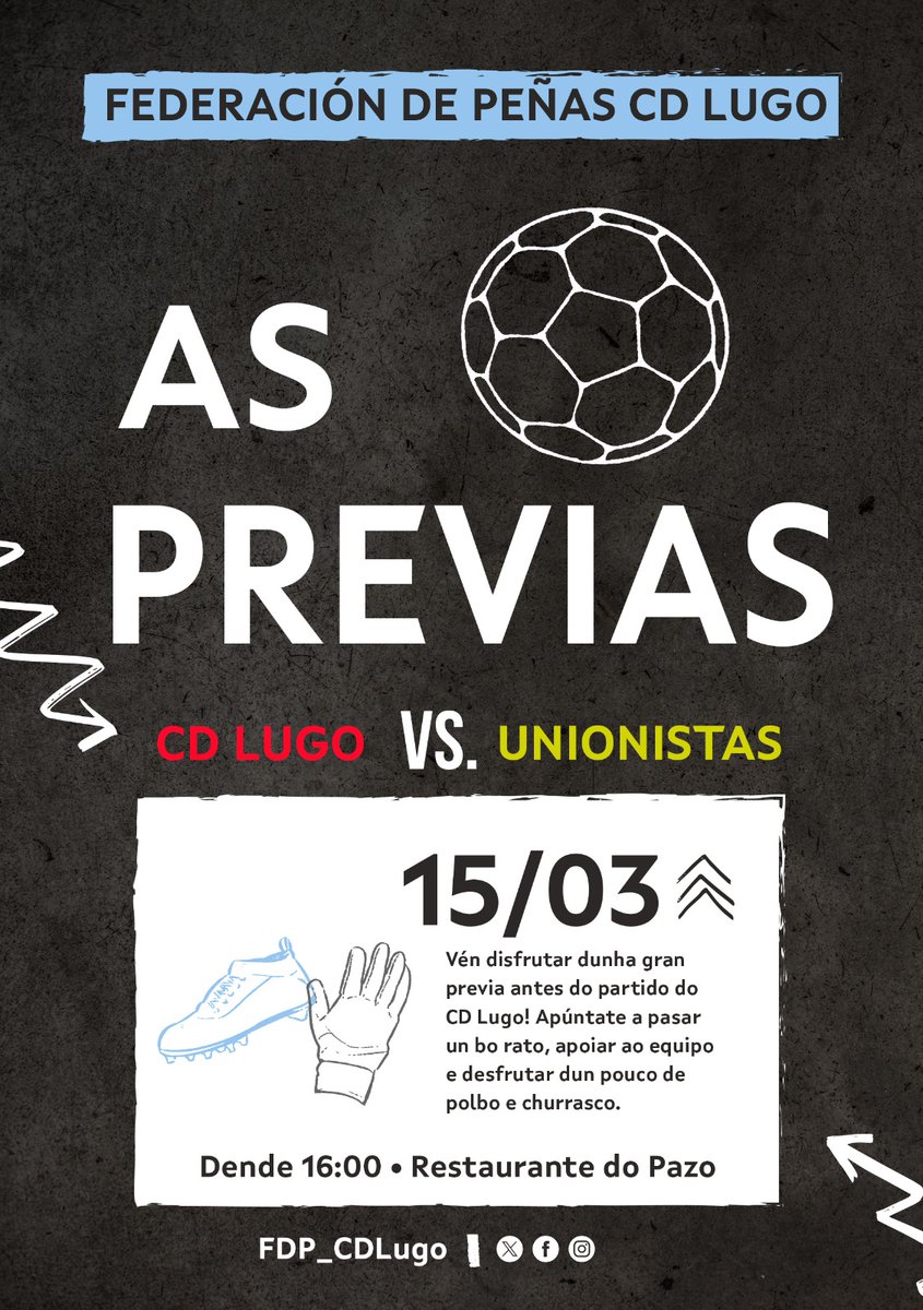 🤍❤️
SÁBADO DE <a href="/CDeportivoLugo/">Club Deportivo Lugo 🪓</a> . SÁBADO DE PREVIA‼️

Dende as 16:00, na Cafetería do Pazo de Ferias, temos unha nova cita para ir quentando motores antes do partido VS <a href="/UnionistasCF/">Unionistas de Salamanca CF</a> .

Polbo, churrasco, bebida, o mellor ambiente....
SÓ FALTAS TÍ 🫵🏻‼️