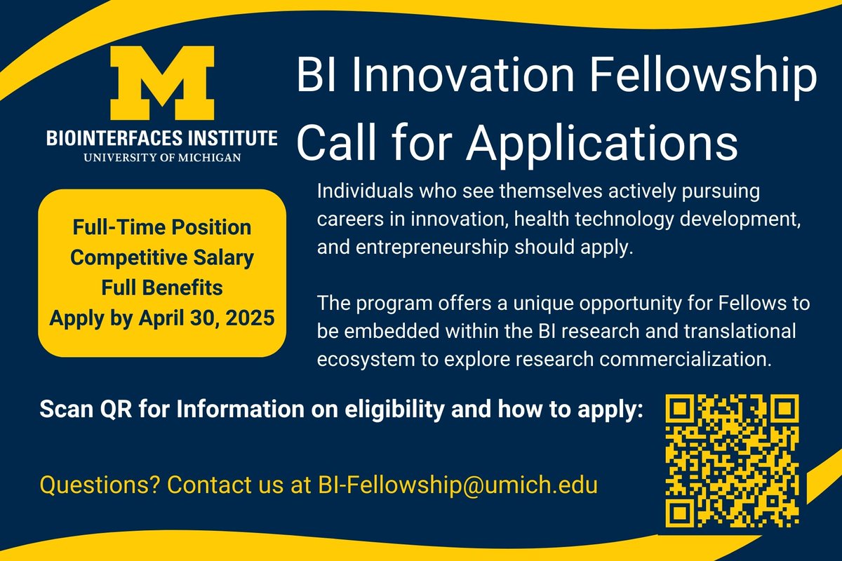 BI is seeking applications for the BI Innovation Fellowship. 
This is a full-time position for up to two years at a competitive salary with full benefits. Directions to apply here: biointerfaces.umich.edu/fellowship/