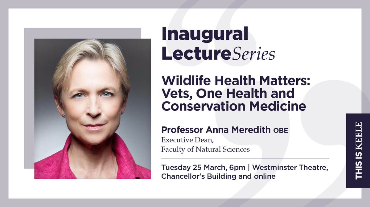 Coming up in our Inaugural Lecture Series: Professor Anna Meredith OBE, our Executive Dean of Natural Sciences

📣 "Wildlife Health Matters: Vets, One Health and Conservation Medicine"
📆 25th March, 6pm
📌 Westminster Theatre, Chancellor's Building
buff.ly/kDnwPaA