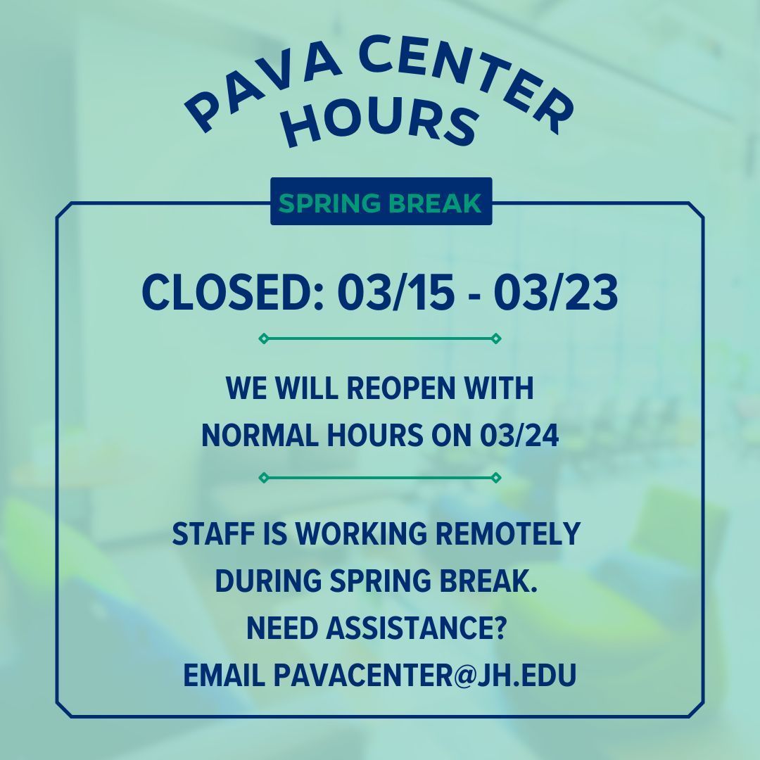 Social Innovation Lab (@sil_baltimore) on Twitter photo The Pava Center will be closed from Saturday 03/15 to Sunday 03/23. We will reopen with regular hours on Monday, 03/24. 
Our staff is working remotely during Spring Break. If you need assistance, please feel free to email us at PavaCenter@jh.edu. The Pava Center will be closed from Saturday 03/15 to Sunday 03/23. We will reopen with regular hours on Monday, 03/24. 
Our staff is working remotely during Spring Break. If you need assistance, please feel free to email us at PavaCenter@jh.edu.