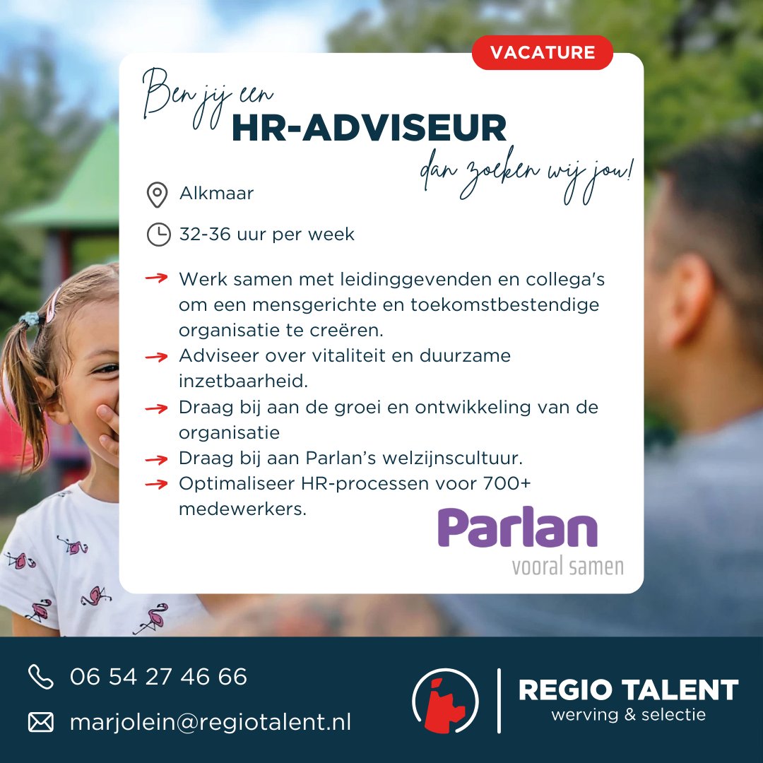 Een bijdrage leveren aan de Jeugdzorg? Word HR Adviseur bij <a href="/parlan_nl/">Parlan</a> !

Voor meer informatie: regiotalent.nl/vacatures/hr-a…

#hradviseur #jeugdzorg #casemanagement #duurzameinzetbaarheid #vacature #parlan #alkmaar