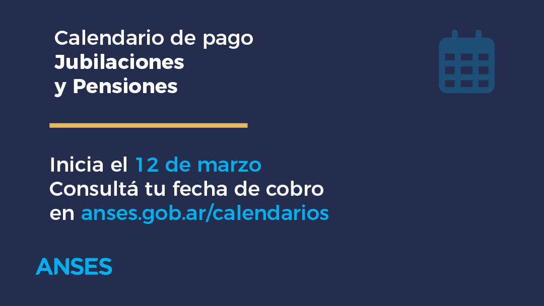 ansesgob's tweet photo. #Calendariodepago Jubilaciones y Pensiones.
Consultá tu fecha de cobro ingresando en https://t.co/DjtvJvGu7q
#ANSES https://t.co/u1ZJU3KSyX