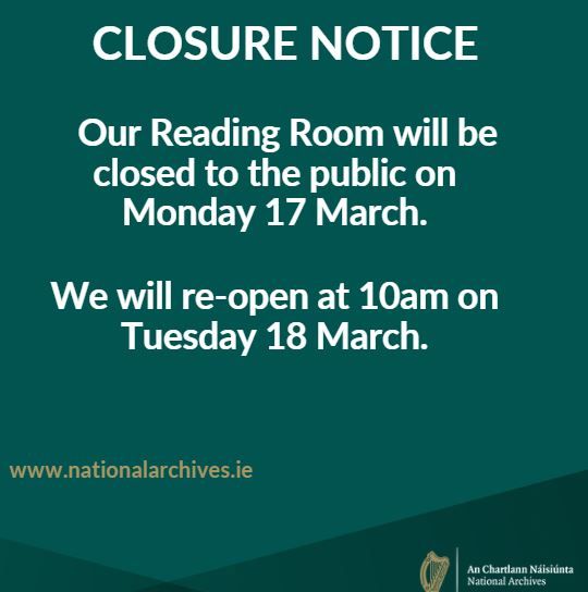 National Archives, Ireland (@narireland) on Twitter photo Closure notice for the St Patrick public holiday next Monday 17 March. <a href="/DeptCultureIRL/">Tourism-Culture-Arts-Gaeltacht-Sport-Media</a> Closure notice for the St Patrick public holiday next Monday 17 March. <a href="/DeptCultureIRL/">Tourism-Culture-Arts-Gaeltacht-Sport-Media</a>