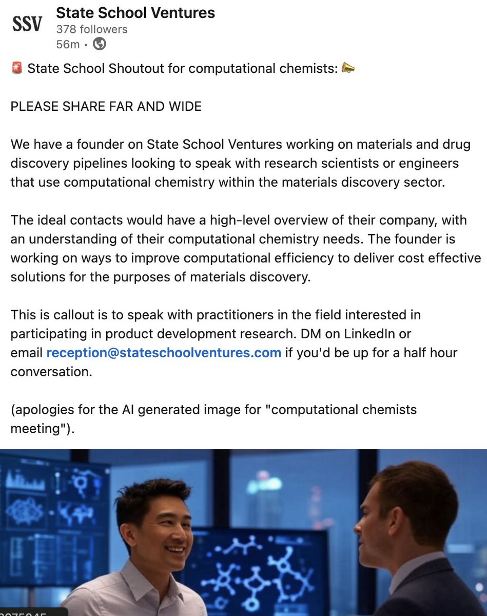 🚨 State School Shoutout for computational chemists 📣 

We have a founder on State School Ventures working on materials and drug discovery pipelines looking to speak with research scientists or engineers that use computational chemistry within the materials discovery sector.