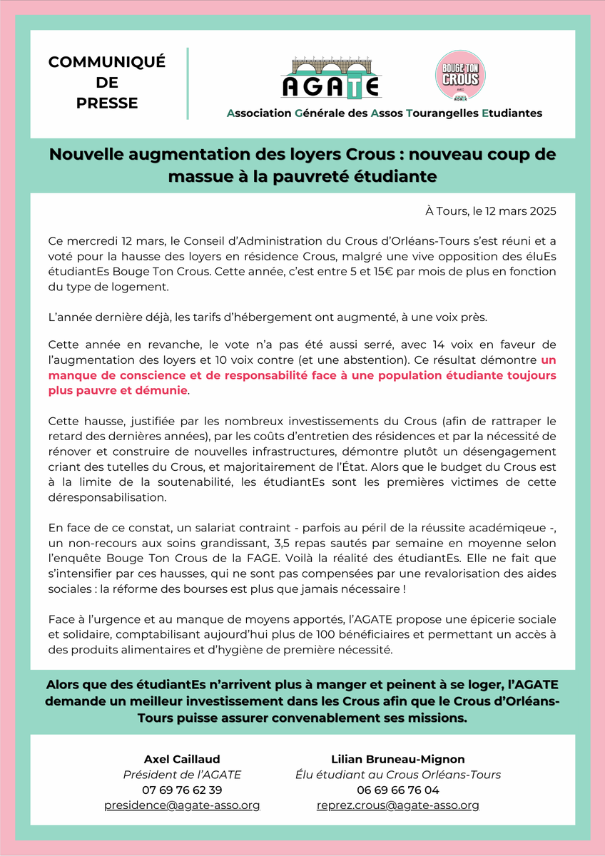 #Communiqué | Une nouvelle hausse des tarifs d’hébergement en logement #CROUS du <a href="/CROUS_OT/">Crous d'Orléans-Tours</a>  a été votée.

🚨Ceci vient aggraver la #précarité #étudiante, déjà ancrée !   

❌Les éluEs Bouge Ton Crous ont voté contre : les étudiantEs n’ont pas à payer le désengagement de l’#État !