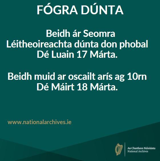 National Archives, Ireland (@narireland) on Twitter photo Fógra dúnta le haghaidh lá saoire poiblí Naomh Pádraig, Dé Luain seo chugainn, 17 Márta. <a href="/DeptCultureIRL/">Tourism-Culture-Arts-Gaeltacht-Sport-Media</a> Fógra dúnta le haghaidh lá saoire poiblí Naomh Pádraig, Dé Luain seo chugainn, 17 Márta. <a href="/DeptCultureIRL/">Tourism-Culture-Arts-Gaeltacht-Sport-Media</a>