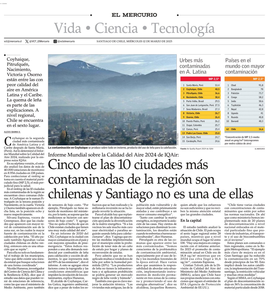 Cinco de las 10 ciudades más contaminadas de la región son chilenas y Santiago no es una de ellas. #VCTElMercurio shorturl.at/QIAzp