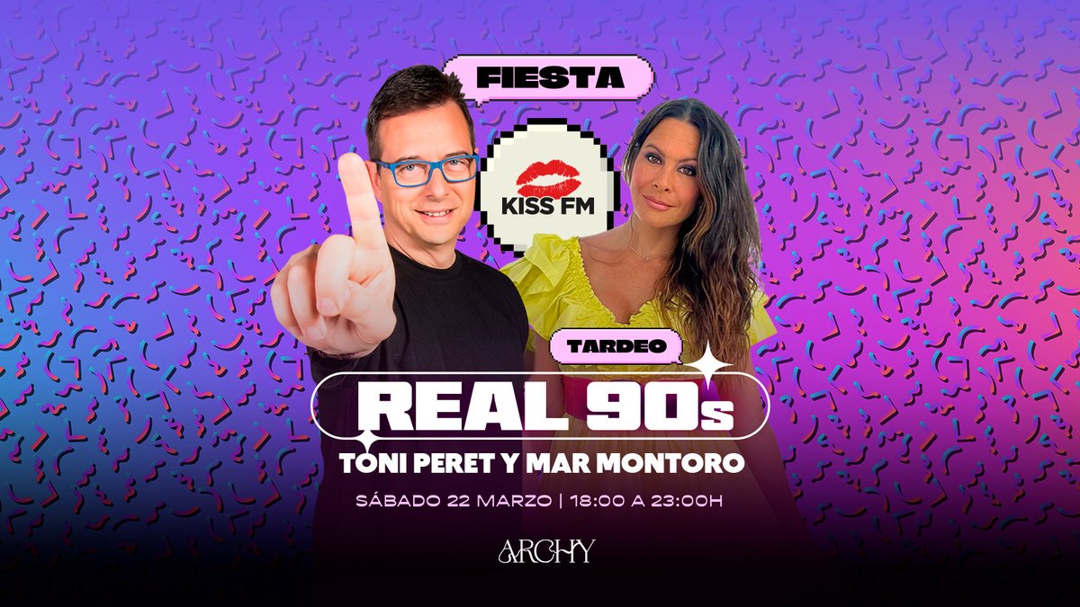 KISS FM (@kissfm_es) on Twitter photo KISS FM REAL 90´s en Madrid. Sábado, 22 de MARZO desde las 18:00, en la sala Archy.
¡<a href="/toniperet/">Toni Peret</a> y <a href="/Mar_Montoro/">𝕄𝕒𝕣 𝕄𝕠𝕟𝕥𝕠𝕣𝕠</a> estarán en cabina con lo mejor de los 90! ¡Compra ya tu entrada! fourvenues.com/es/kiss-fm1/ev… KISS FM REAL 90´s en Madrid. Sábado, 22 de MARZO desde las 18:00, en la sala Archy.
¡<a href="/toniperet/">Toni Peret</a> y <a href="/Mar_Montoro/">𝕄𝕒𝕣 𝕄𝕠𝕟𝕥𝕠𝕣𝕠</a> estarán en cabina con lo mejor de los 90! ¡Compra ya tu entrada! fourvenues.com/es/kiss-fm1/ev…