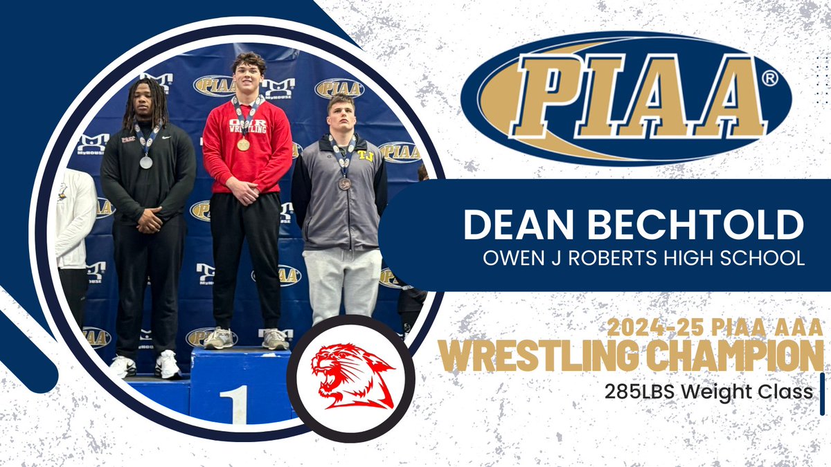 🥇 STATE CHAMPION! 🥇

2025 PIAA 285-pound State Champion – Dean Bechtold! 🎉💪

Dean etches his name in Owen J. Roberts history as the school's 4th state champion, capping off an undefeated junior season (17-0).

Congratulations, Dean! 🐾🔥 #StateChampion