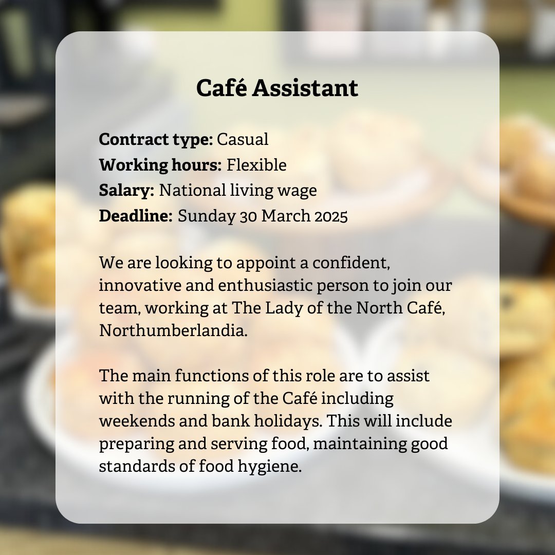 We are looking to appoint a confident, innovative and enthusiastic person to join our team, working at The Lady of the North Café, Northumberlandia.

Application deadline is Sunday 30 March 2025.

nwt.org.uk/jobs/cafe-assi…