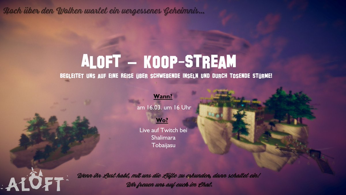 Shalimara15's tweet image. 🚀 Aloft-Koop-Stream – Gemeinsam über den Wolken! 🌿

Fliegende Inseln, mysteriöse Stürme &amp;amp; ein Abenteuer im Himmel! 🌬️
Wir bauen, segeln &amp;amp; erkunden die Welt von Aloft – live im Koop!
📅 16.3 um 16 Uhr

Seid dabei live dabei!  
⬇️Link Twitch

#AloftGame #IndieGame #Twitch #aloft