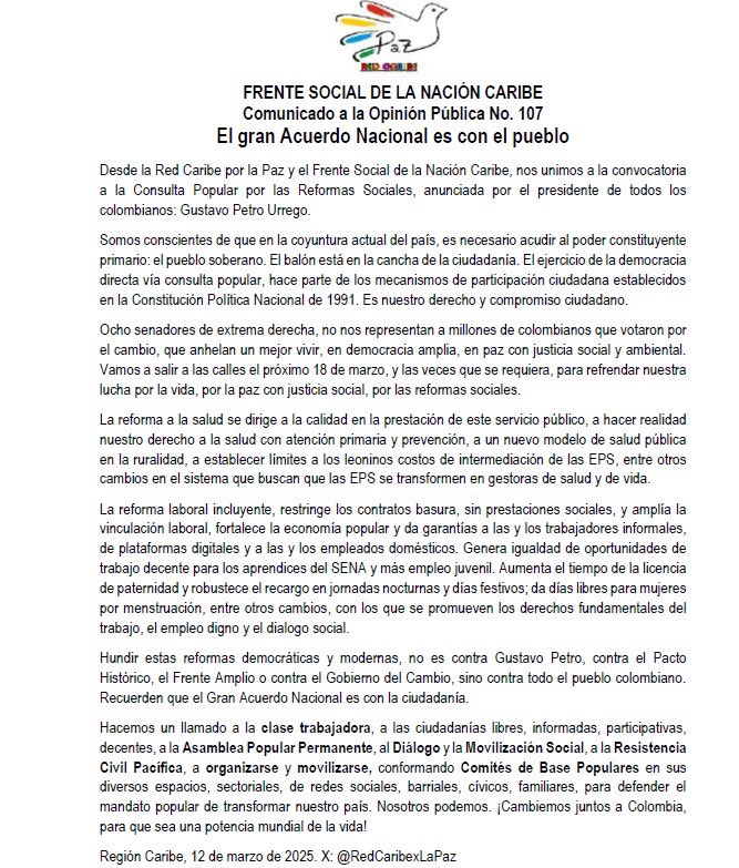 RedCaribexLaPaz's tweet image. Desde la Red Caribe por La Paz nos unimos a la convocatoria a la Consulta Popular por las Reformas Sociales. 
El Gran Acuerdo Nacional es con el pueblo. #FrenteSocialNaciónCaribe #PoderConstituyenteYa #ReformaLaboralYa #ReformaALaSaludYa 
@petrogustavo @RedCaribexLaPaz