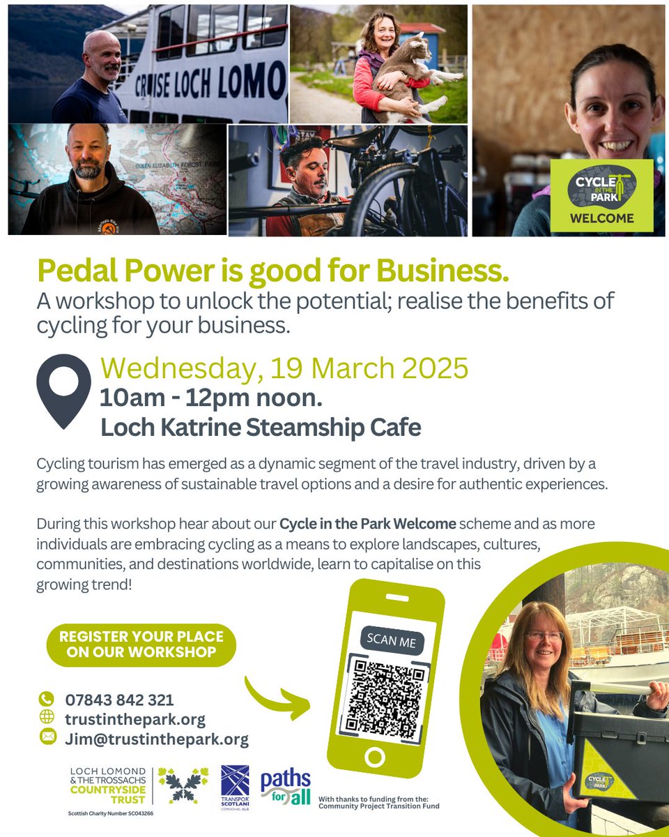 ✅'Pedal Power is good for Business' workshop!

⏰Wed 19 March 2025 10am-12pm noon, Loch Katrine.

Calling business micro, large &amp; entrepreneurs to unlock their potential + realise the benefits of cycling.

Book⏬tinyurl.com/pvfthfsv

#cycleintheparkwelcome #cycling #wheeling