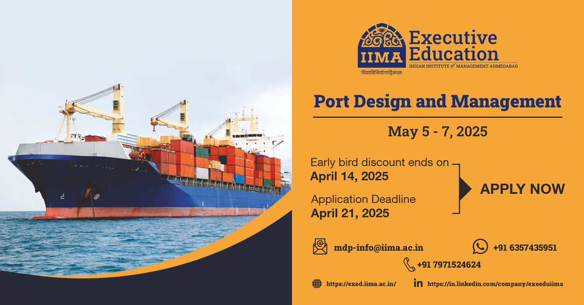 Ports are evolving with automation, data analytics, &amp; multimodal transport. Stay ahead with #IIMA’s Port Design &amp; Management programme - master terminal optimization, cargo efficiency &amp; smart port tech.

lnkd.in/dkZPYQVR

#PortManagement #SmartPorts #MaritimeLogistics