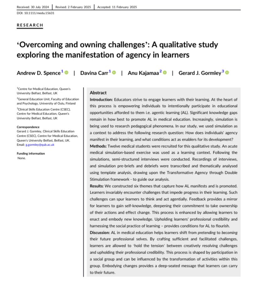 Gerry Gormley (@drgerryg) on Twitter photo ‘Teaching’ students doesn’t necessarily mean learning is taking place.Key to this process is placing ‘🔥in their bellies’ to intentionally engage i.e. agentic learning. Keen to know how this manifests? Then this is the paper for you! …epublications.onlinelibrary.wiley.com/doi/10.1111/me…
<a href="/ADRspence/">Andrew Spence</a> <a href="/AnuKajamaa/">Anu Kajamaa</a> ‘Teaching’ students doesn’t necessarily mean learning is taking place.Key to this process is placing ‘🔥in their bellies’ to intentionally engage i.e. agentic learning. Keen to know how this manifests? Then this is the paper for you! …epublications.onlinelibrary.wiley.com/doi/10.1111/me…
<a href="/ADRspence/">Andrew Spence</a> <a href="/AnuKajamaa/">Anu Kajamaa</a>