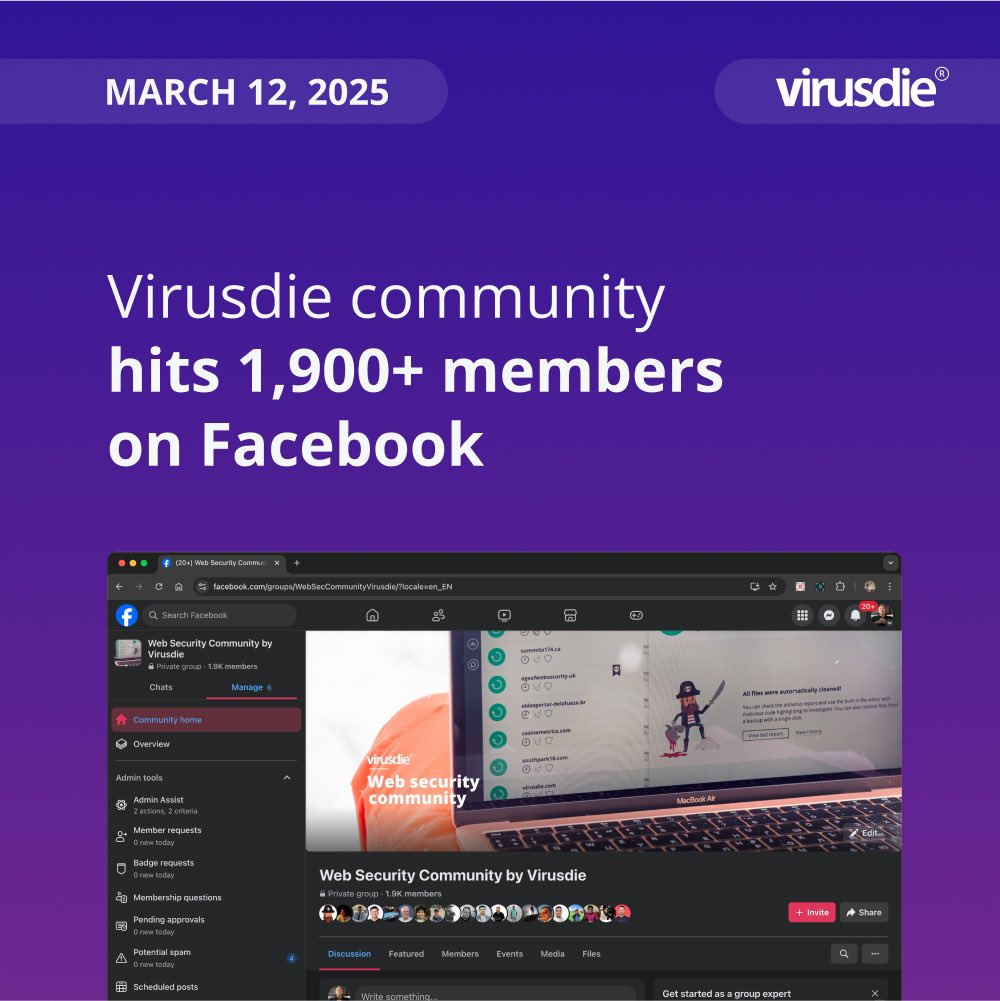 Virusdie #Facebook community hits 1,900+ members! Join to share your knowledge in site security

facebook.com/share/g/1Bmhqn…

#virusdie #facebook #wordpress #cybercrime #cybersecurity #infosec #websecurity #malware #Ransomware #Vulnerability #Phishing #code #hacked #web #antivirus