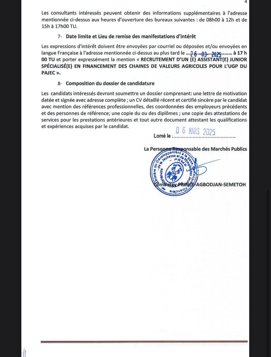 AVIS À MANIFESTATION D'INTÉRÊT POUR LE RECRUTEMENT D'UN (E) ASSISTANT(E) JUNIOR SPÉCIALISÉ(E) EN FINANCEMENT DES CHAINES DE VALEURS AGRICOLES POUR L'UNITE DE GESTION (UG) DU PAJEC

#ADTPME #PAJEC #TPME
