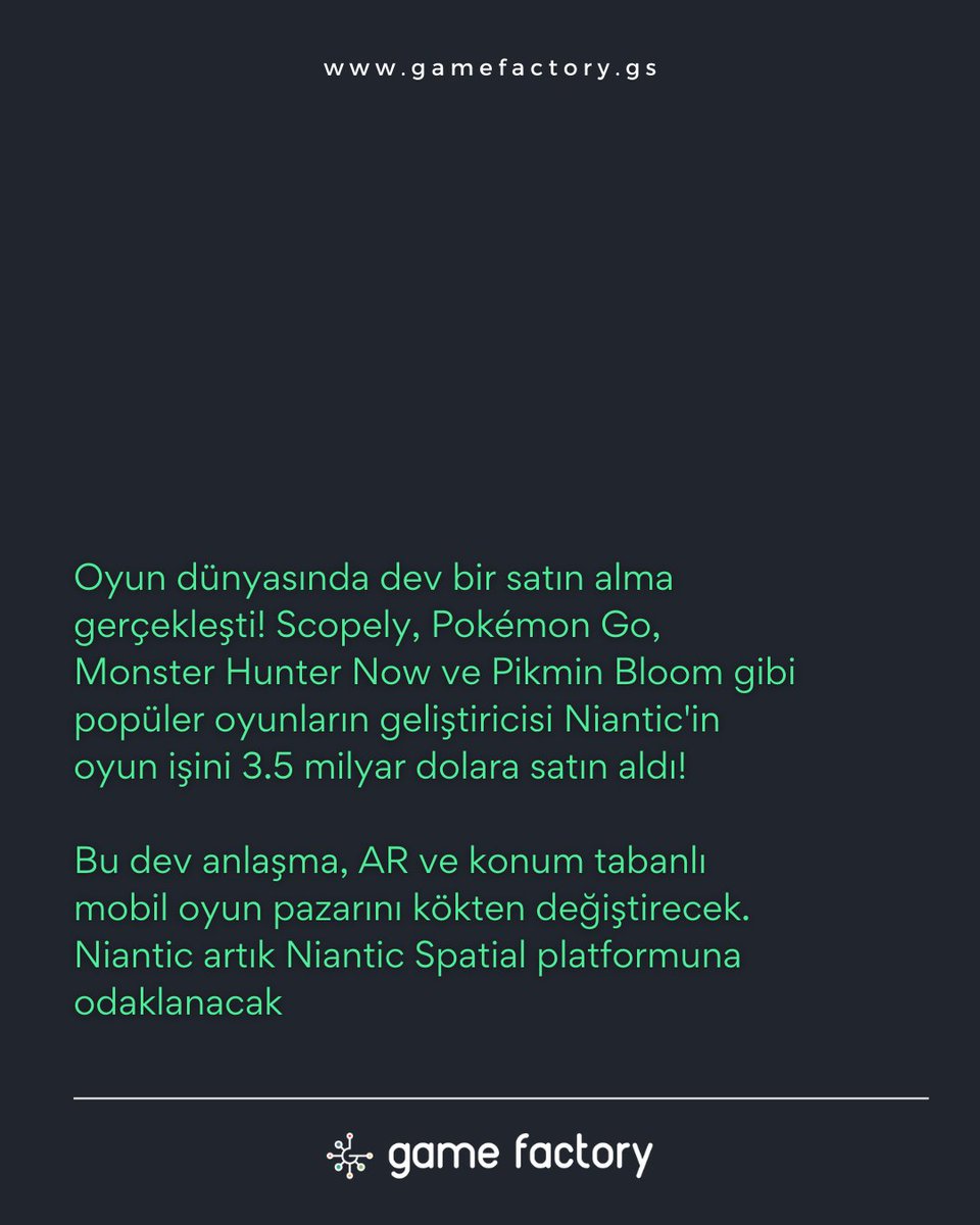 Scopely, Niantic'in oyun işini (Pokémon Go dahil) 3.5 milyar dolara satın aldı! 

#Scopely #Niantic #PokemonGo #OyunHaberleri