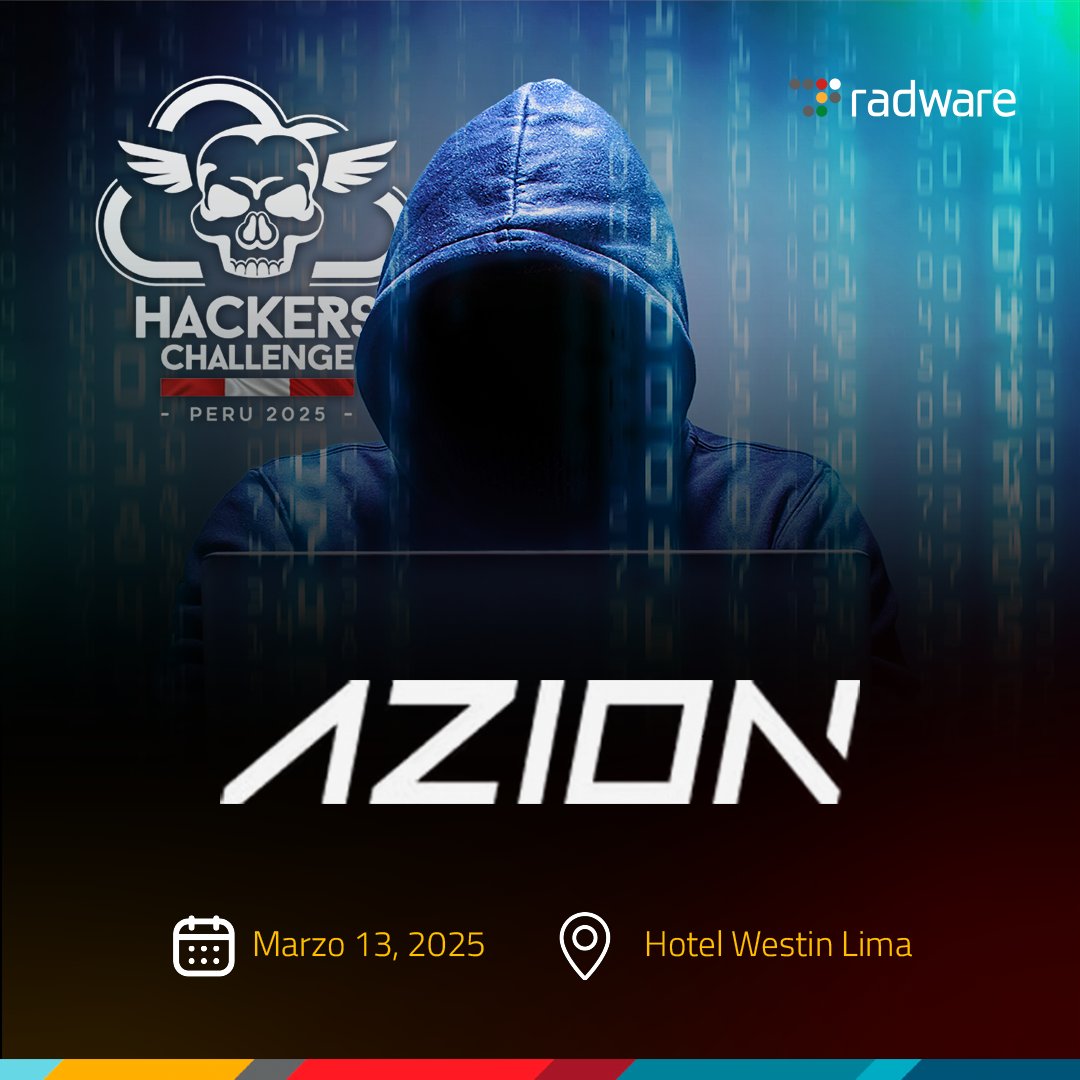 aziontech's tweet image. 🇵🇪 ¡No te pierdas el #HackersChallenge de @Radware! 

📅 Mañana, 13 de marzo
📍 Hotel Westin Lima

Únete a @Azion y a los mejores expertos en #Ciberseguridad para vivir una experiencia única. ¡Te esperamos!

#Innovación #SeguridadDigital #Perú