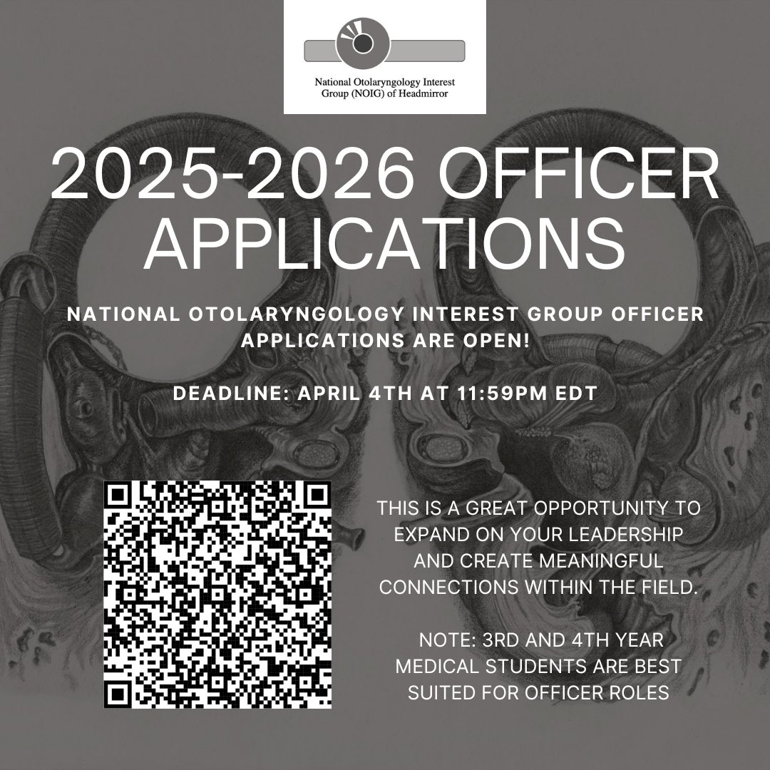 Officer applications for the 2025-2026 National Otolaryngology Interest Group are now available! Scan the QR code or click the link below to complete the application. The deadline is April 4th, 2025 at 11:59pm EDT.

docs.google.com/forms/d/e/1FAI…