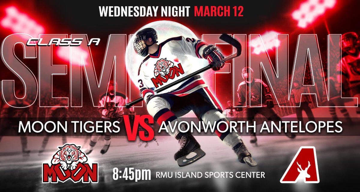 Moon Hockey (@moonhockey) on Twitter photo Game Day for the Varsity Tigers as they square off against the <a href="/AvonworthA/">Avonworth Athletics</a> in a <a href="/PIHLhockey/">PIHL Hockey</a> Class A Semifinal matchup. The actions is set to start at 8:45 come on down to <a href="/RMU_ISC/">Island Sports Center</a> cheer on the team. Tickets may be purchased online at pihlhockey.hometownticketing.com/embed/event/38 Game Day for the Varsity Tigers as they square off against the <a href="/AvonworthA/">Avonworth Athletics</a> in a <a href="/PIHLhockey/">PIHL Hockey</a> Class A Semifinal matchup. The actions is set to start at 8:45 come on down to <a href="/RMU_ISC/">Island Sports Center</a> cheer on the team. Tickets may be purchased online at pihlhockey.hometownticketing.com/embed/event/38
