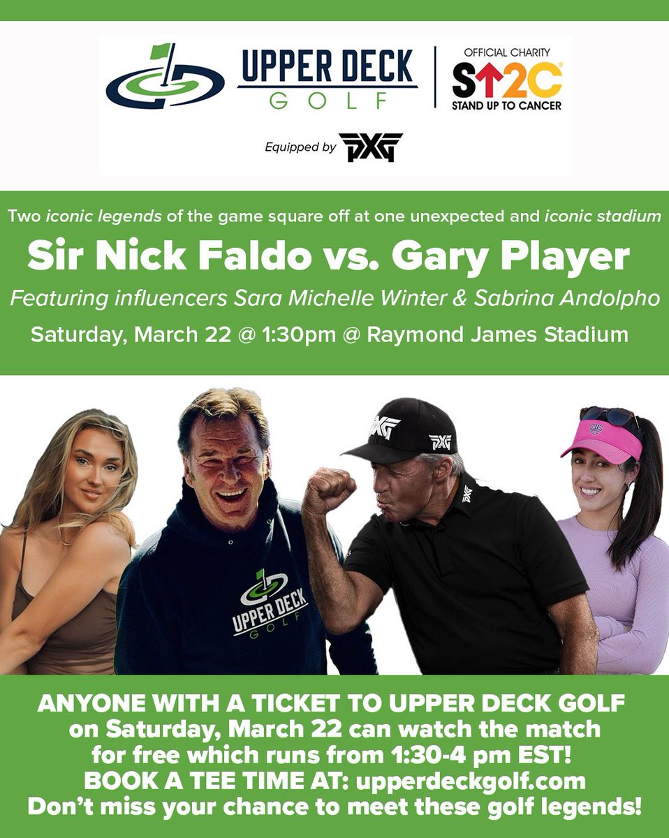 golf course enthusiast (@golfcourses101) on Twitter photo ENTERTAINMENT LEADER UPPER DECK GOLF TO HOST EPIC MATCH BETWEEN HALL OF FAME LEGENDS SIR NICK FALDO & GARY PLAYER IN TAMPA @ RAYMOND JAMES STADIUM ON MARCH 22, 2025.
Visit Upper Deck Golf to get tickets!
<a href="/Sir_NickFaldo/">Sir Nick Faldo</a> <a href="/garyplayer/">GARY PLAYER</a> ENTERTAINMENT LEADER UPPER DECK GOLF TO HOST EPIC MATCH BETWEEN HALL OF FAME LEGENDS SIR NICK FALDO & GARY PLAYER IN TAMPA @ RAYMOND JAMES STADIUM ON MARCH 22, 2025.
Visit Upper Deck Golf to get tickets!
<a href="/Sir_NickFaldo/">Sir Nick Faldo</a> <a href="/garyplayer/">GARY PLAYER</a>