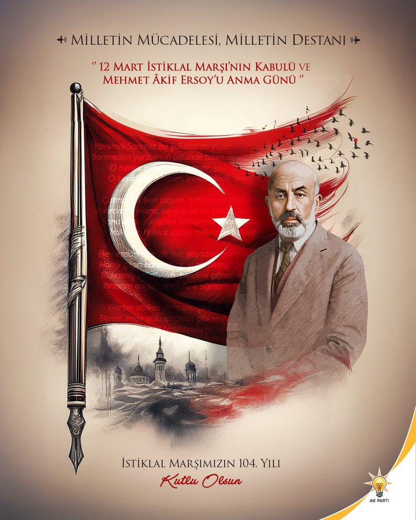 AvOzlemZengin's tweet photo. 12 Mart 1921… 

İstiklâl Marşımızın Türkiye Büyük Millet
Meclisi’ nde kabulünün 104. yıl dönümünde, İstiklâl Şairimiz Mehmet Âkif Ersoy’u ve millî mücadelenin tüm kahramanlarını rahmet ve dua ile yâd ediyorum. https://t.co/JvNV3FnulV