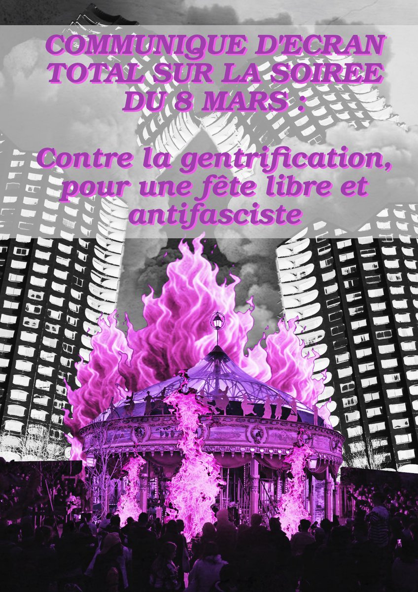 Ici Ecran Total, nous sommes les organisateur.ices de la soirée du 8 mars dans l'ancien Cinéville de Rennes. Nous sommes issues des espaces autonomes et nous souhaitons communiquer à travers la voie des assemblées qui en sont les espaces d'organisation. 

1/3