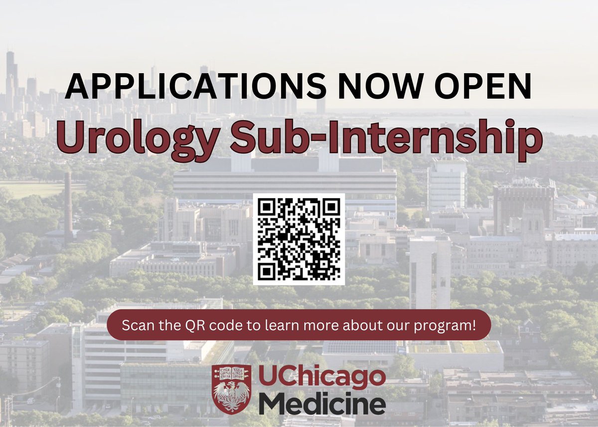 UChicago Urology Residency (@uchicagouro) on Twitter photo 2026 Urology applicants ‼️
Our sub-I applications are now open!
➡️ Apply on VSLO: vslo.aamc.org/vslo/#/electiv…
➡️ Scan the QR code or visit surgery.uchicago.edu/sections-progr… to learn more about our program
➡️ Scholarship information: pritzker.uchicago.edu/academics/matt…
DM us with questions! 📩 2026 Urology applicants ‼️
Our sub-I applications are now open!
➡️ Apply on VSLO: vslo.aamc.org/vslo/#/electiv…
➡️ Scan the QR code or visit surgery.uchicago.edu/sections-progr… to learn more about our program
➡️ Scholarship information: pritzker.uchicago.edu/academics/matt…
DM us with questions! đź“©