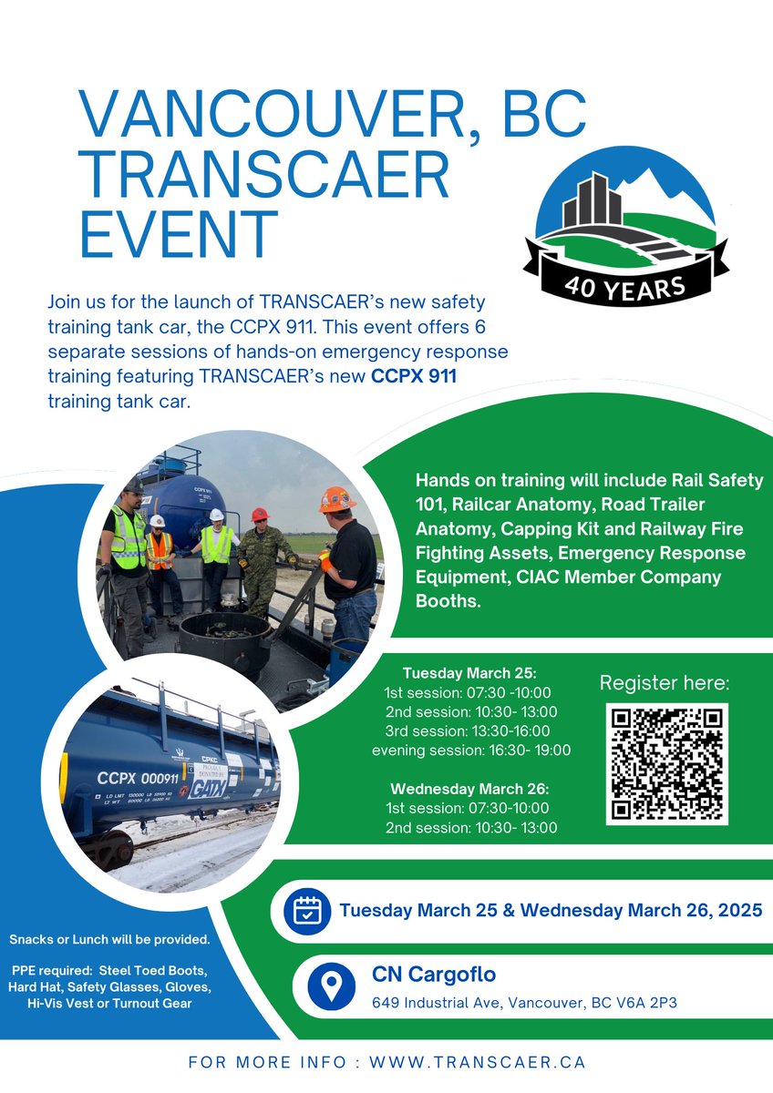 The TRANSCAER® Safety Train is coming to BC! 

Join us March 25-26 in Vancouver for hands-on emergency response training and rail safety demos.

CN Cargoflo, 649 Industrial Ave
March 25-26, 2025

Register now: transcaer.canadianchemistry.ca/upcoming-trans…