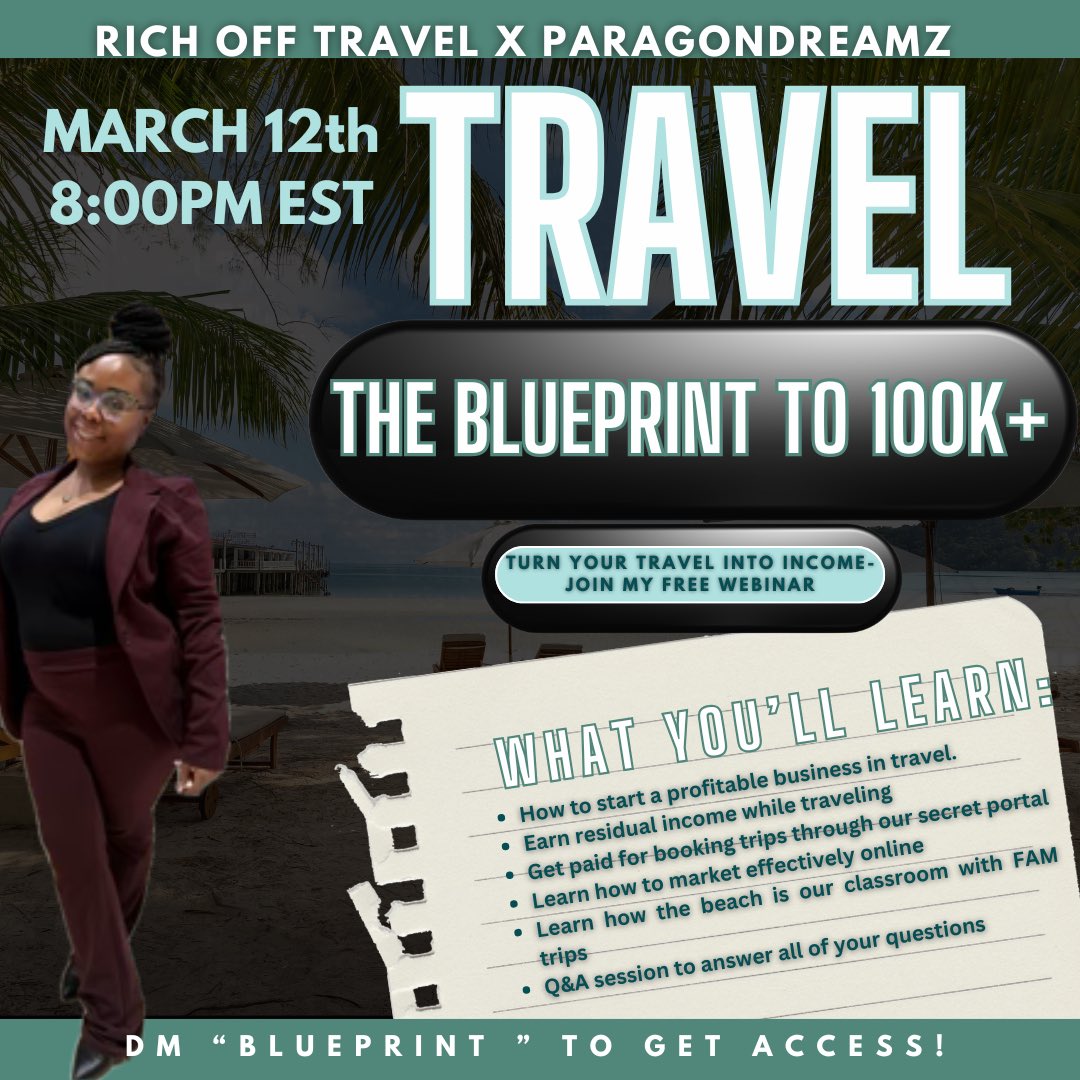 Sis, you’re already booking the trips… why not get paid for it? ✈️💰 Join me TONIGHT at 8 PM EST and learn how to turn your love for travel into a six-figure biz! DM ‘BLUEPRINT’ for the link! 🚀 #TravelBoss #ParagonDREAMZ #RichOffTravel #WorkFromAnywhere