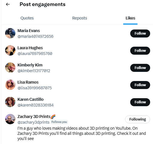 This platform is getting worse.
I still follow from FOMO for some #3dprinting people who still haven't moved to blue sky but quality of engagement here is awful - I have 1K mostly real lovely followers but my tweets might get 1 or 2 responses from them, and 10 from OnlyFans bots.